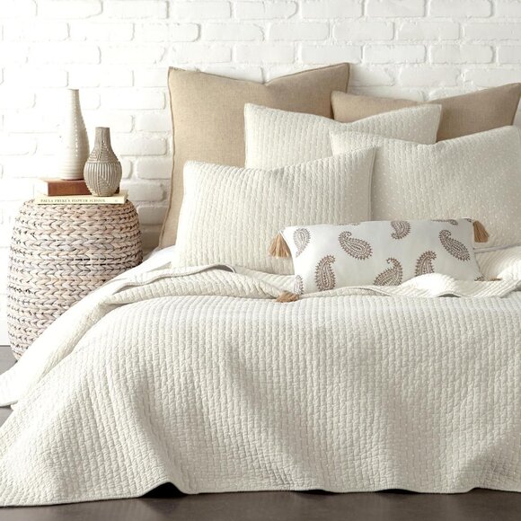 Levtex Home Stitch Cotton Reversible Quilt Set Cream Off White Full / Queen - Picture 5 of 8